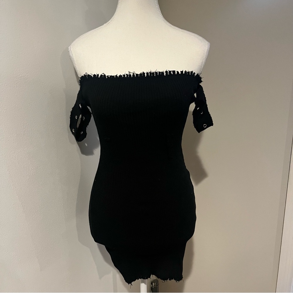 Hot & Delicious Black Off Shoulder Frayed Edge Mini Dress